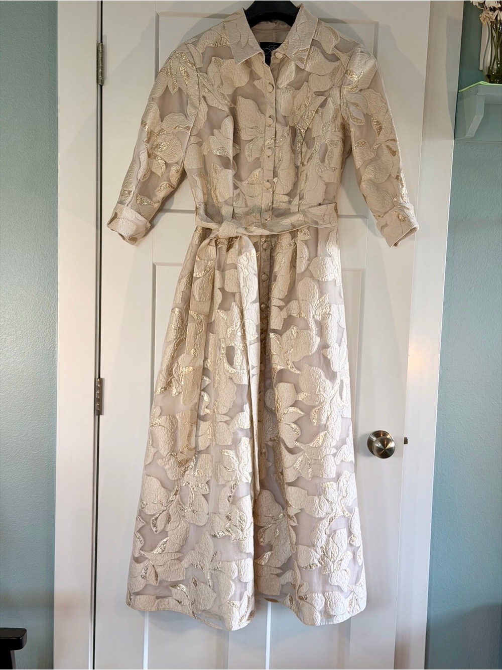 Alex Evenings Champagne Ivory Gold Jacquard Print Evening Dress SZ 10